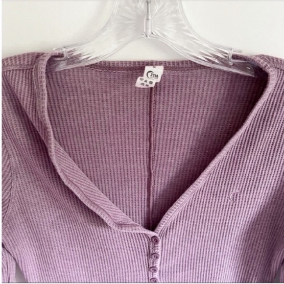 Zyia Active Don't Wake Me Up shirt purple waffle knit thermal buttons v neck - Picture 5 of 8